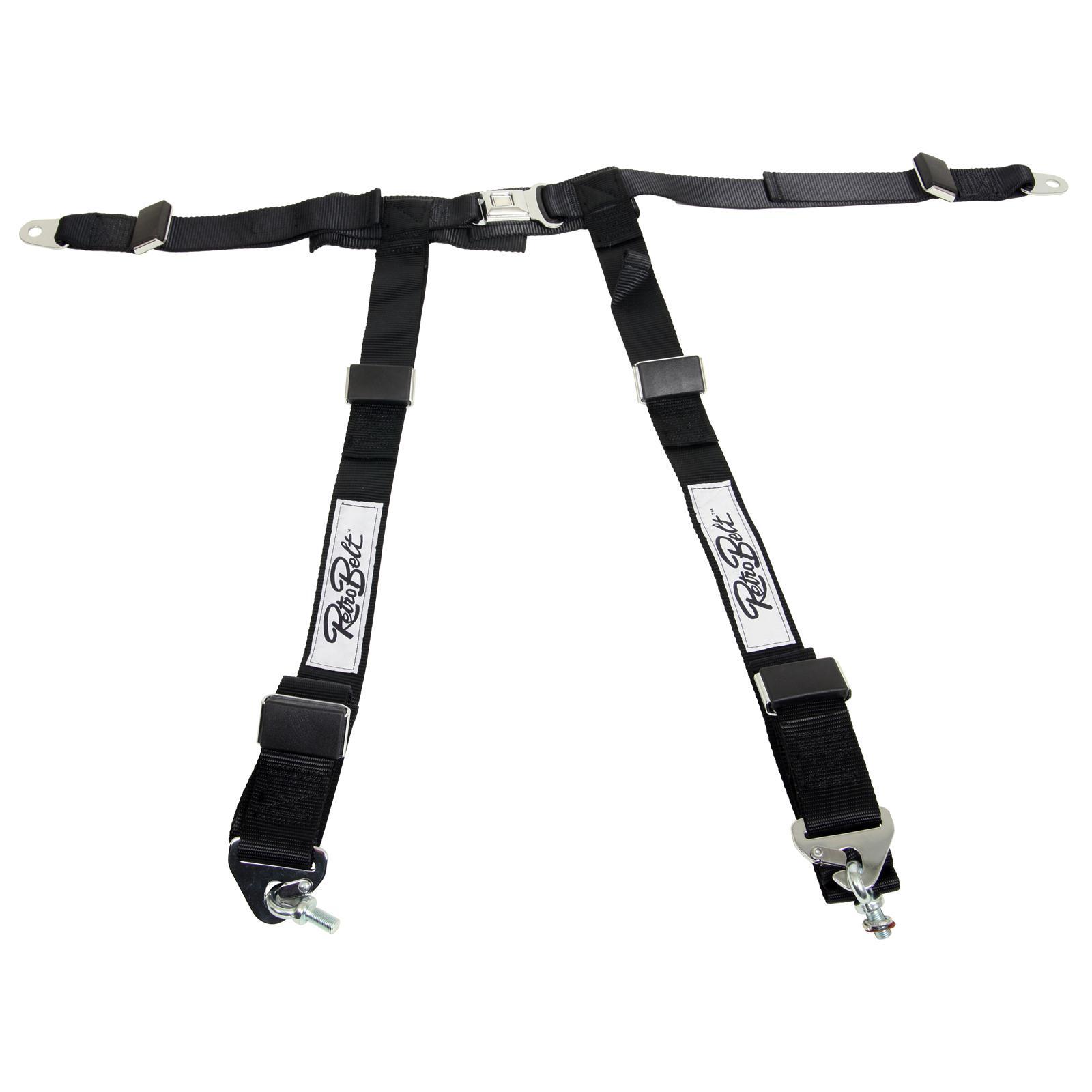 RetroBelt 468BLK Universal 4 Point Harness Seat Belt with Chrome Push Button Buckle Black