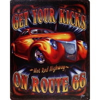 Metal Tin Sign - 12" x 15" - Route 66 Get Your Kicks Hot Rod HWY