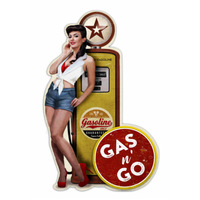 Shaped & Embossed Metal Tin Sign - Gas Pump Pinup - Brunette 20" x 12.7"