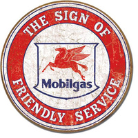 Mobil – Friendly Service – Round Metal Tin Sign 29.8cm Diameter Genuine American Made