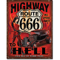 Large Metal Tin Sign 40.6cm X 31.7cm Genuine American Made - "Route 666 - Highway to Hell"