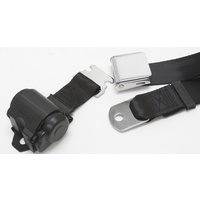 Universal 2 Point Lap Retractable Seat Belt with Chrome Aviation Style Buckle - Black