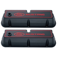 Ford Mustang Die-Cast Alloy Valve Covers Black Crinkle Finish with Red Logo