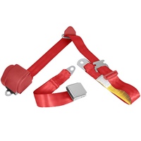 Universal 3 Point Lap Sash Retractable Seat Belt with Chrome Aviation Style Buckle (Bright Red)