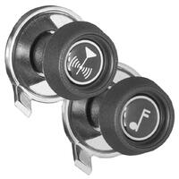 Black Plastic Textured Music Note & Aerial Symbol Front & Chrome Metal Rear Knob Set (Pair)