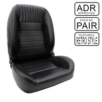 Classic Retro Front Bucket Seats - Pair Black Leather w/ Suede Black Stiching