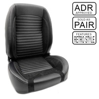Classic Retro Front Bucket Seats - Pair Black Leather w/ Suede Grey Stiching