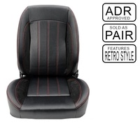 Classic Retro Front Bucket Seats - Pair Black Leather w/ Suede Red Stiching