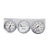 Auto Gage Oil Pressure/Water Temp/Voltage Gauge Console (2-5/8", 100 PSI/280 °F/16V) White Dial, Chrome Bezel