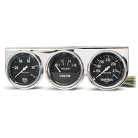 Auto Gage Oil Pressure/Water Temp/Voltage Gauge Console (2-5/8", 100 PSI/280 °F/16V) Black Dial, Chrome Bezel
