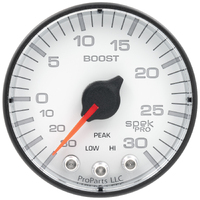 Spek-Pro 2-1/16" Stepper Motor Boost/Vacuum Gauge (30 In Hg/30 PSI) White Dial, Black Bezel, Flat Antiglare Lens