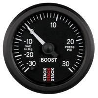 Stack 52mm Pro Stepper Motor Boost Pressure Gauge inc T-Fitting (-30Inhg To +30PSI) Black