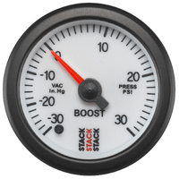 Stack 52mm Pro Stepper Motor Boost Pressure Gauge inc T-Fitting (-30Inhg To +30PSI) White