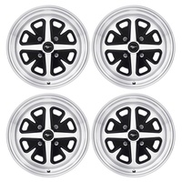 14 x 6 Magnum Alloy Wheel Gloss Black SET 4 with Mustang Caps & Nuts 4 Lug