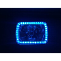 Semi Sealed Beam Headlight 6" x 8" Multi Surface Reflector Clear Lens H4 Blue LED Halo Pair