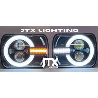 Semi Sealed Beam Headlight 5" x 7" Black Reflector Clear Lens White Amber LED Halo - Bronco Style
