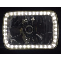 Semi Sealed Beam Headlight 6" x 8" Multi Surface Reflector Clear Lens H4 White LED Halo Pair with Bulbs