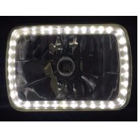 Semi Sealed Beam Headlight 6" x 8" Multi Surface Reflector Clear Lens H4 White LED Halo Pair