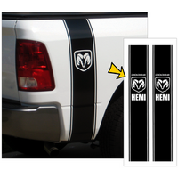 Dodge Ram Hemi Truck Vertical Bed Stripe Kit w/ Dodge Ram Head Hemi Designation (Approx 85 Wide x 50 Tall) Silver Metallic