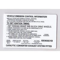 Vehicle Emission Control Information Decal for Holden VN V8