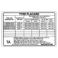 Tyre Placard Decal for Holden VN 6x15 SS BT1 FE2 Exc Ute