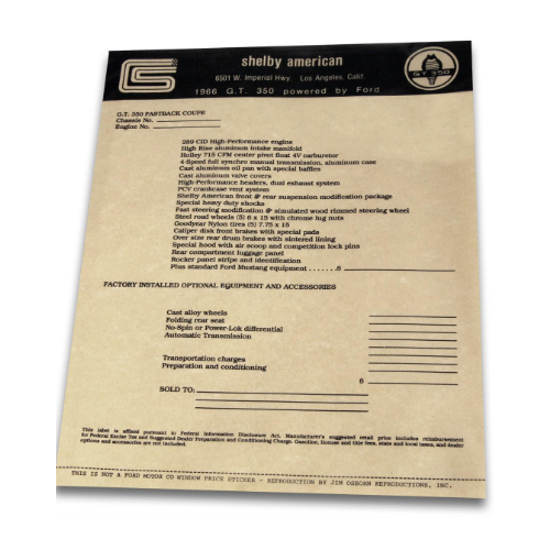 1966 Shelby New Car Window Price Sticker